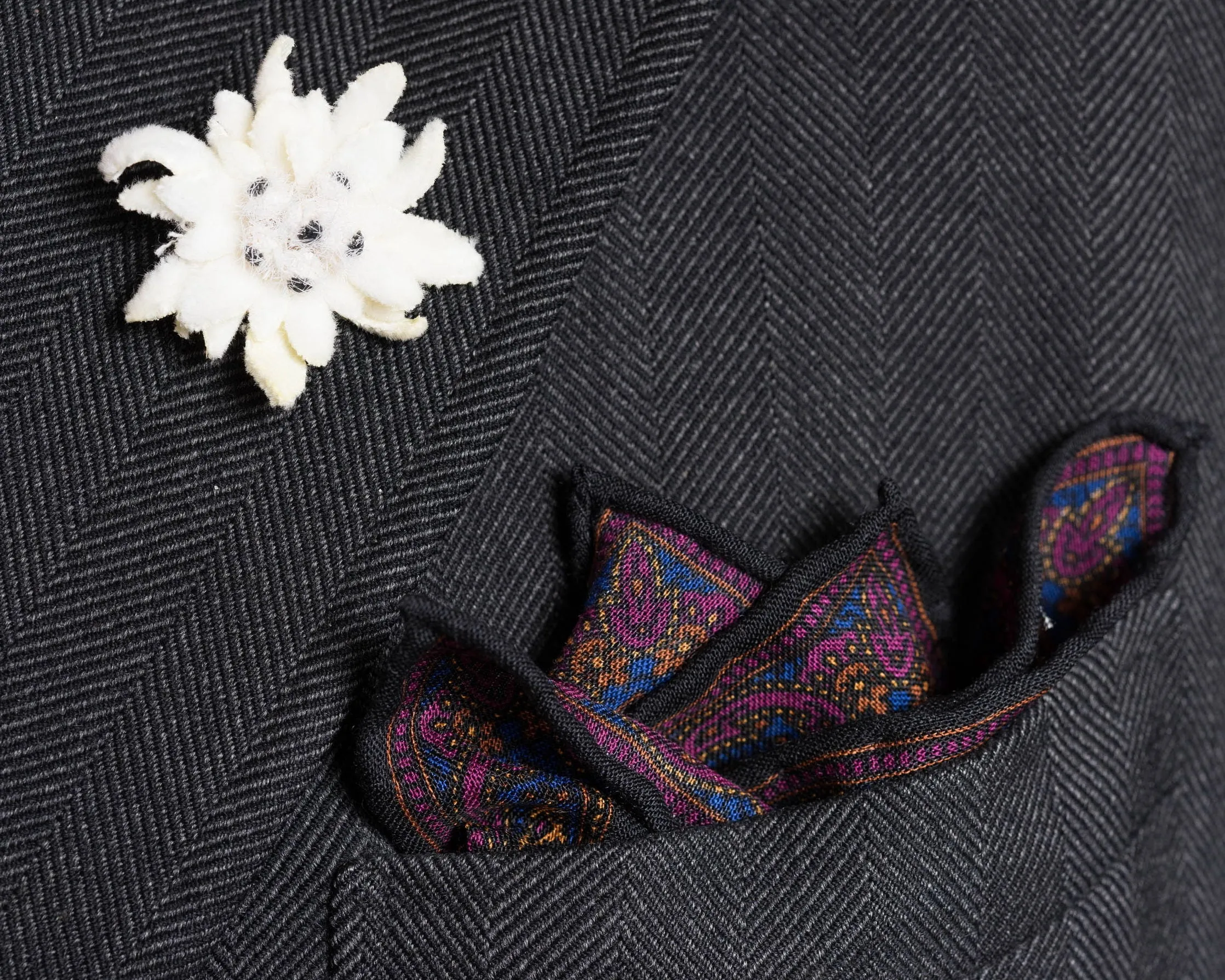 Charcoal & Purple Paisley Silk-Wool Pocket Square