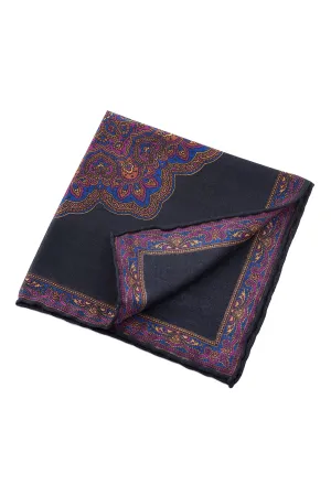 Charcoal & Purple Paisley Silk-Wool Pocket Square