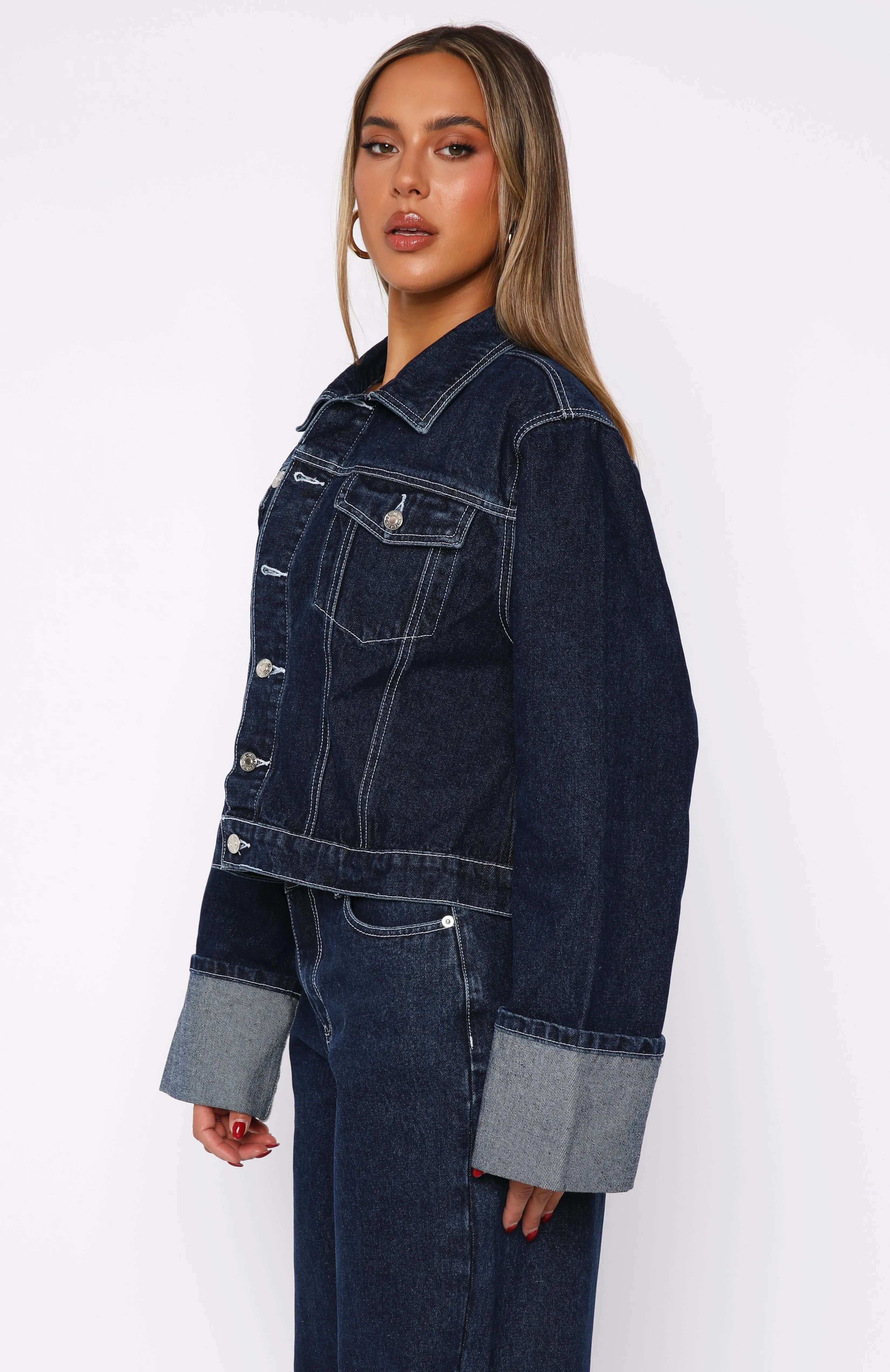 Two Tone Trim Vibe Shot Charlotte Denim Jacket Dark Indigo