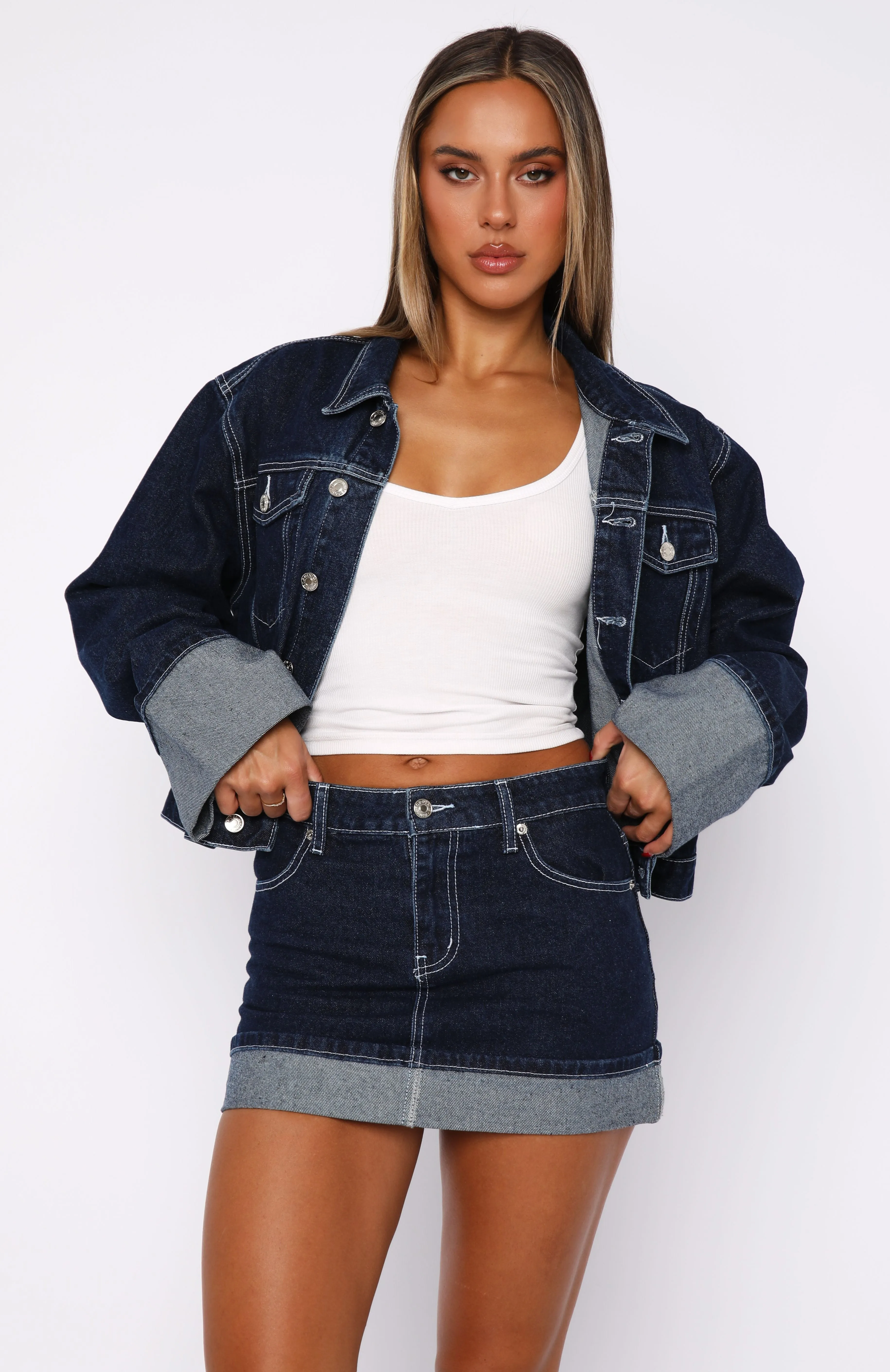 Striped Design Charlotte Denim Mini Skirt Dark Indigo