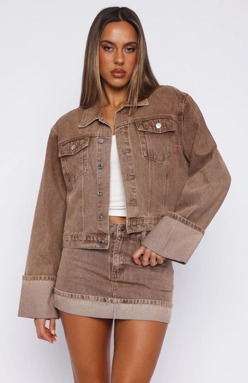 Charlotte Denim Mini Skirt Tan Wash Aesthetic Fit