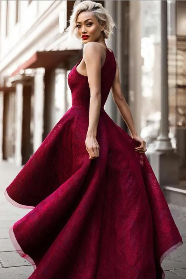 Charming Burgundy A Line Asymmetrical Lace Sleeveless Long Prom Dress PFP0259