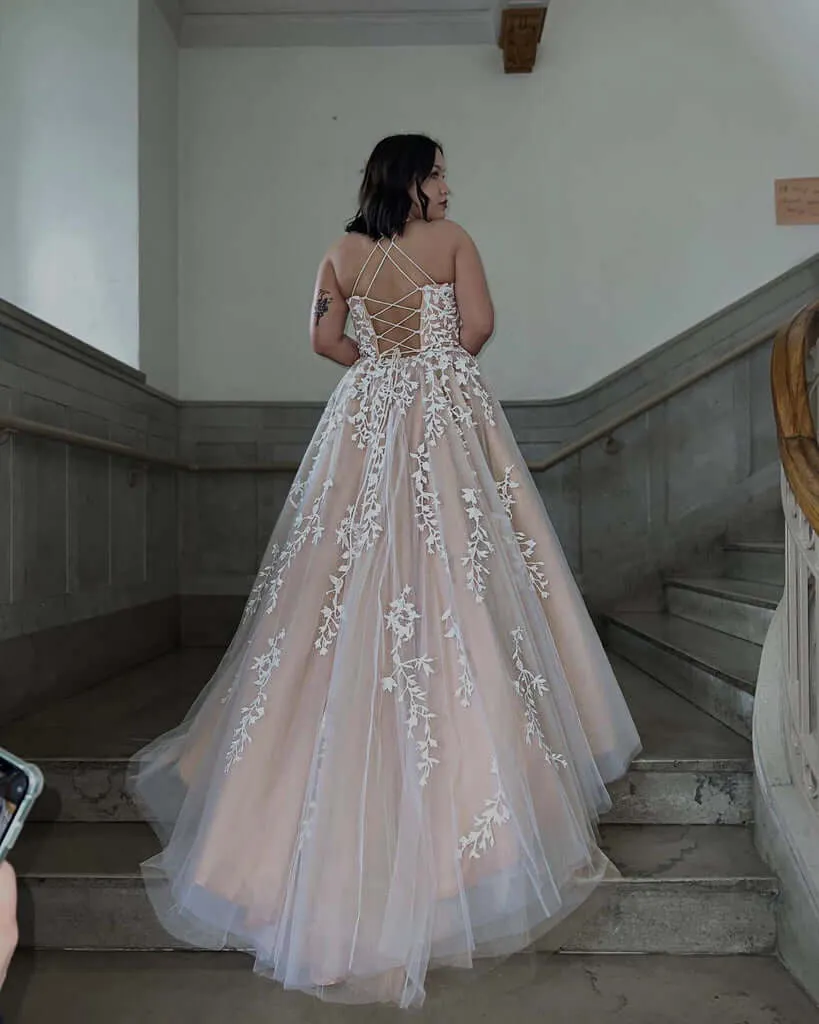 Cheap Plus Size Champagne Prom Dress Lace Long Evening Dress With Appliques