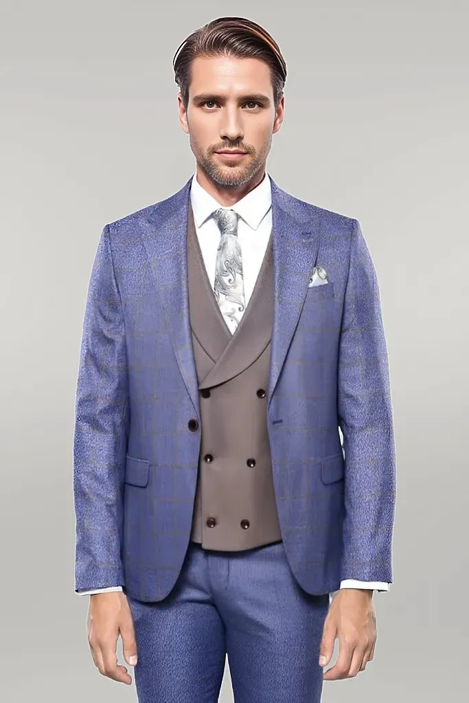 Checked Blue Men's Suit - Wessi