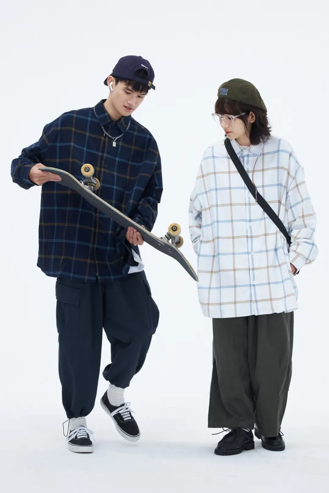 Checkered Loose Shirts In White