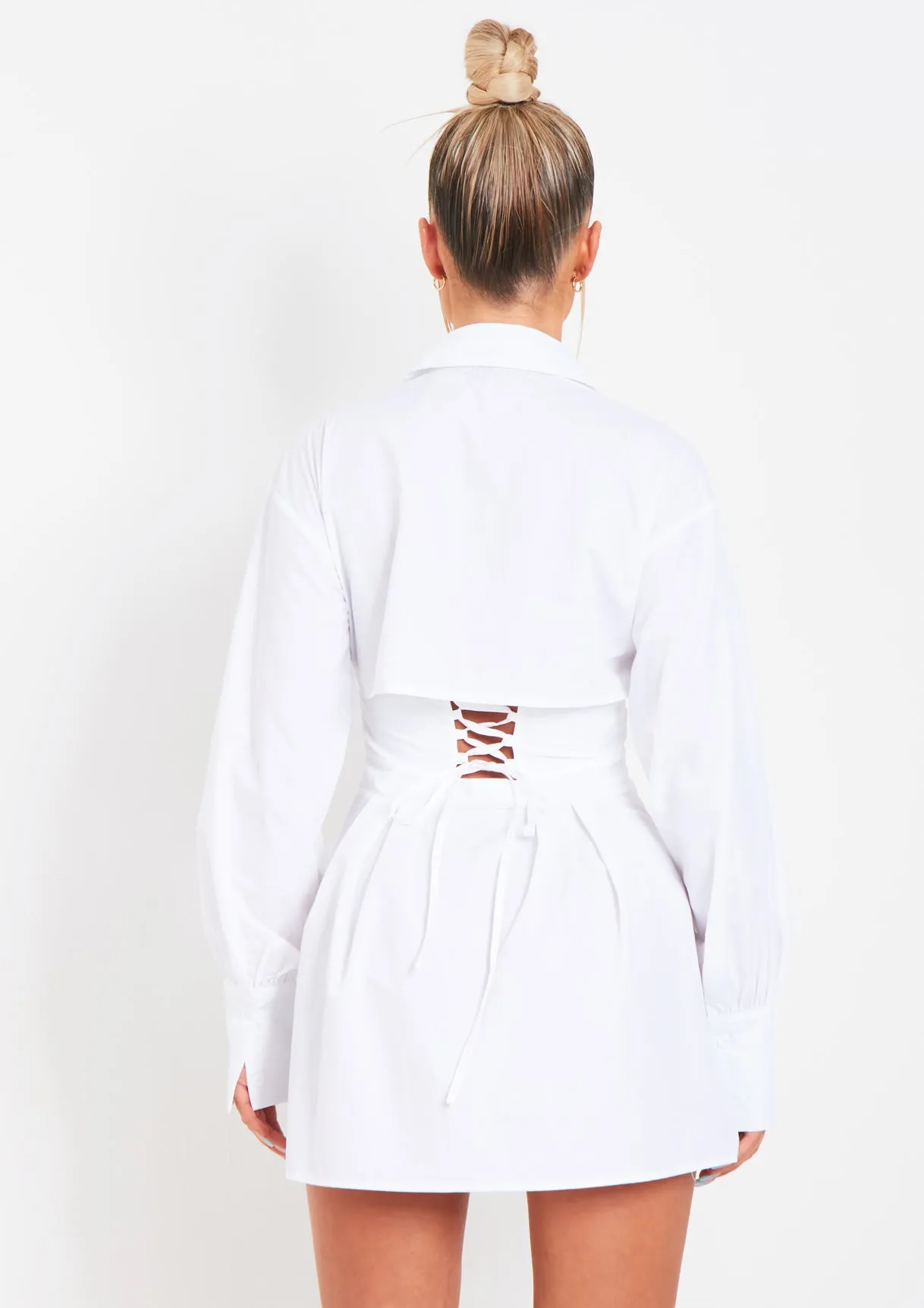 Cheryl White Lace Up Back Shirt Dress
