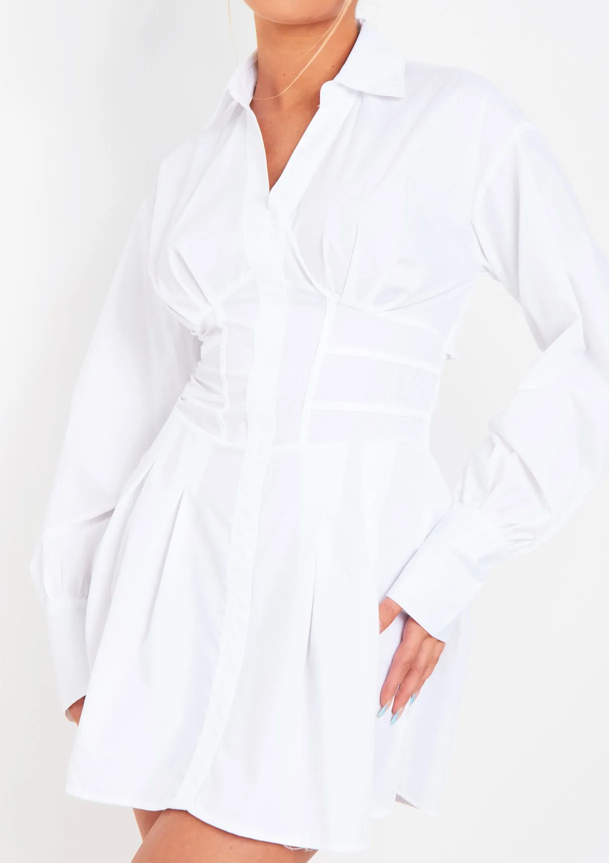 Cheryl White Lace Up Back Shirt Dress