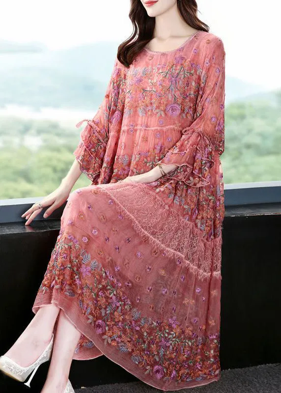 Chic Pink O-Neck Oversized Embroideried Silk Dresses Flare Sleeve AC3056