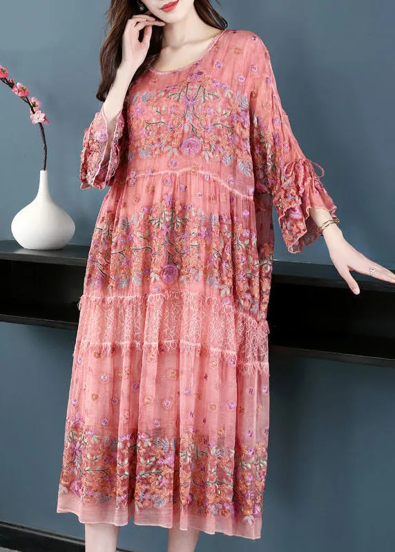 Chic Pink O-Neck Oversized Embroideried Silk Dresses Flare Sleeve AC3056