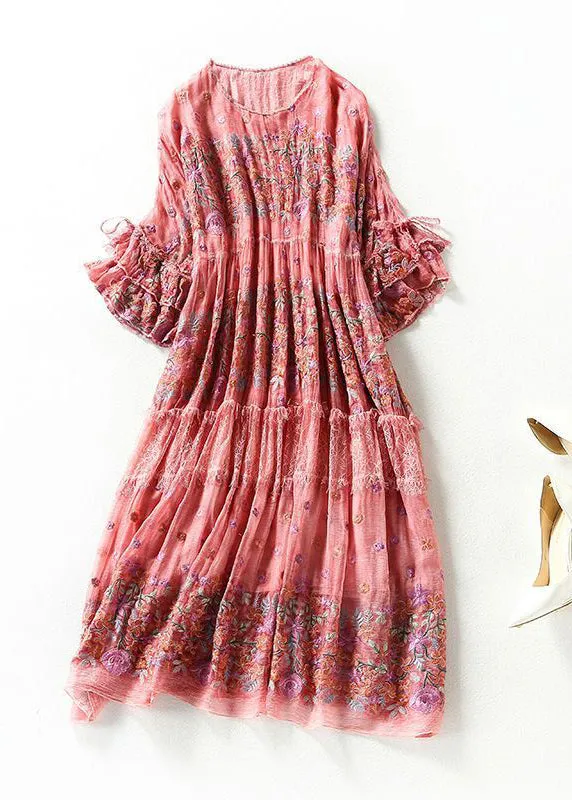 Chic Pink O-Neck Oversized Embroideried Silk Dresses Flare Sleeve AC3056
