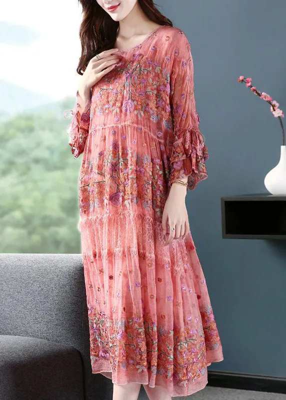 Chic Pink O-Neck Oversized Embroideried Silk Dresses Flare Sleeve AC3056