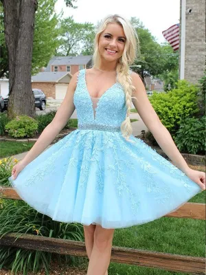 Chic Short A-Line Tulle Open Back Lace Homecoming Dress