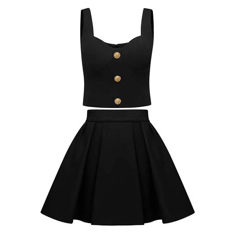 Chic U-Neck Buttons Tank Top   Mini Skirt Suit