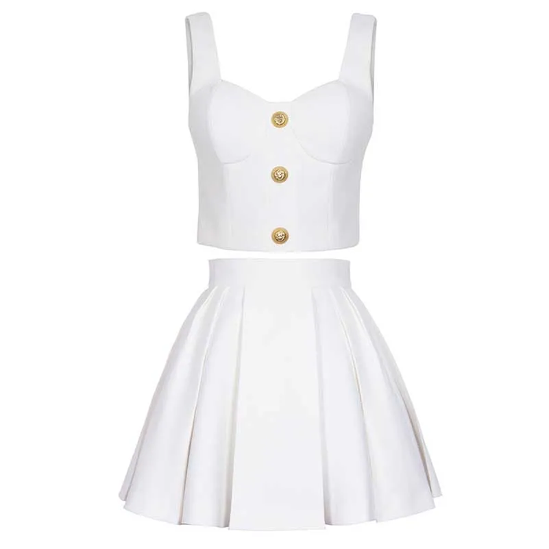 Chic U-Neck Buttons Tank Top   Mini Skirt Suit