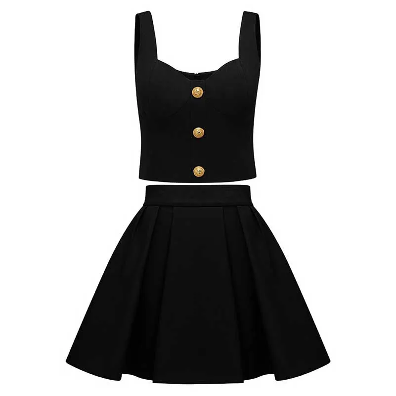 Chic U-Neck Buttons Tank Top   Mini Skirt Suit