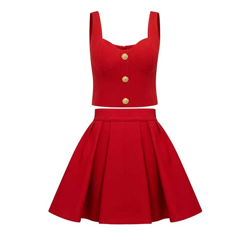 Chic U-Neck Buttons Tank Top   Mini Skirt Suit