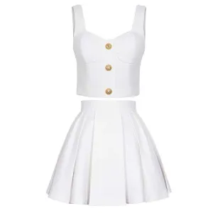 Chic U-Neck Buttons Tank Top   Mini Skirt Suit