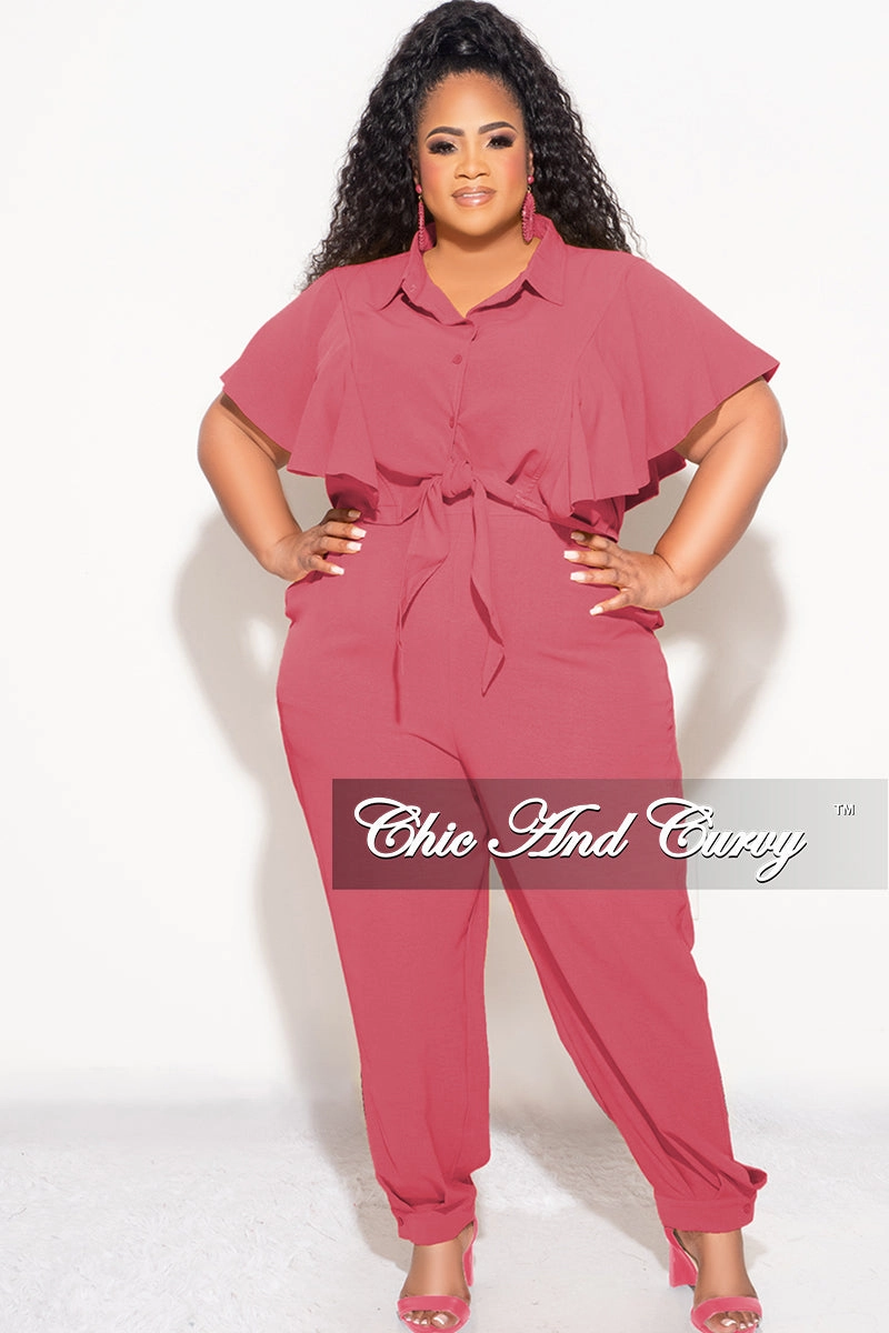 Final Sale Plus Size 2pc Button Up Collar Top and Pants Set in Mauve Structured Hemline