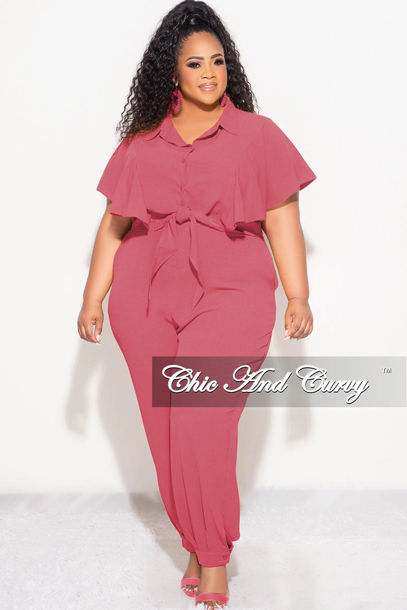 Final Sale Plus Size 2pc Button Up Collar Top and Pants Set in Mauve Form Fitting Flexible Knees