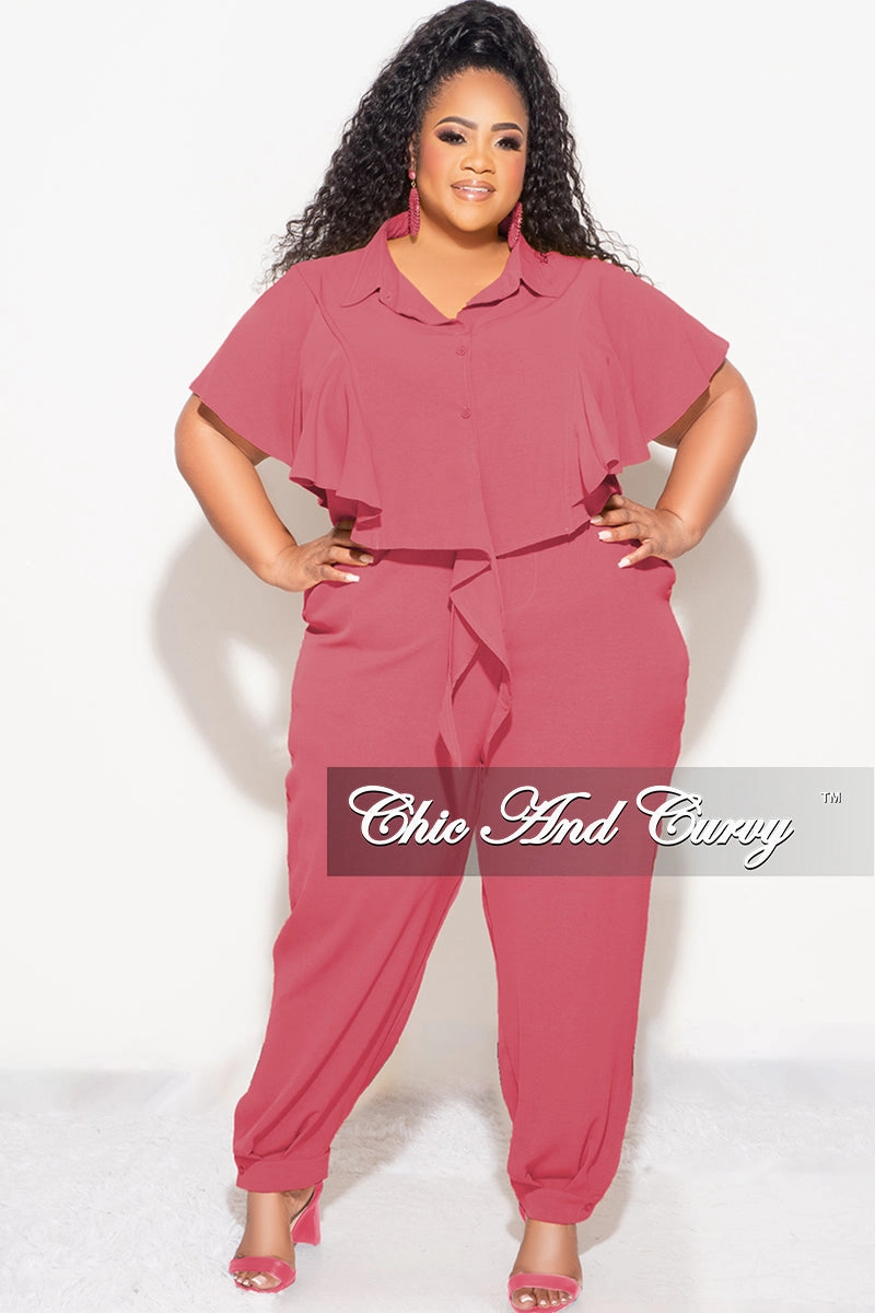 Quick Fit DoubleLayeredHem Final Sale Plus Size 2pc Button Up Collar Top and Pants Set in Mauve