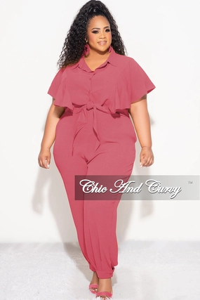 Chill Fit Final Sale Plus Size 2pc Button Up Collar Top and Pants Set in Mauve