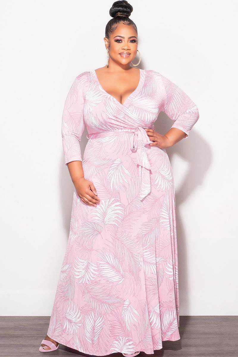 Quick Access Zippers Formal Look Final Sale Plus Size Faux Wrap Dress in Pink Palm Print