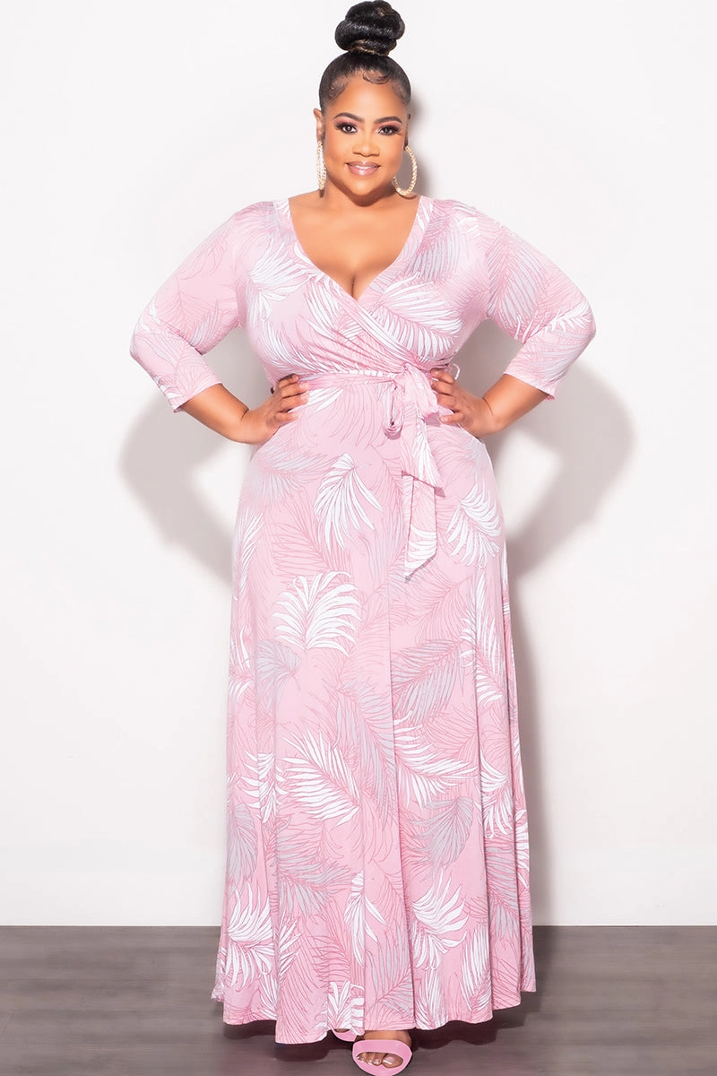 ElasticWaistband Final Sale Plus Size Faux Wrap Dress in Pink Palm Print