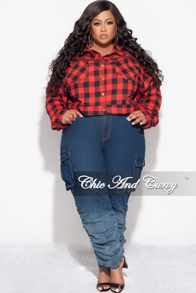 Final Sale Plus Size Collar Button Up Top in Red and Black Plaid Print Functional Fit