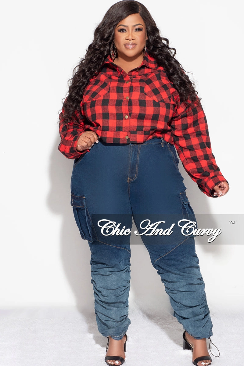 Adaptable Fit Relax Fit Wear Final Sale Plus Size Collar Button Up Top in Red and Black Plaid Print