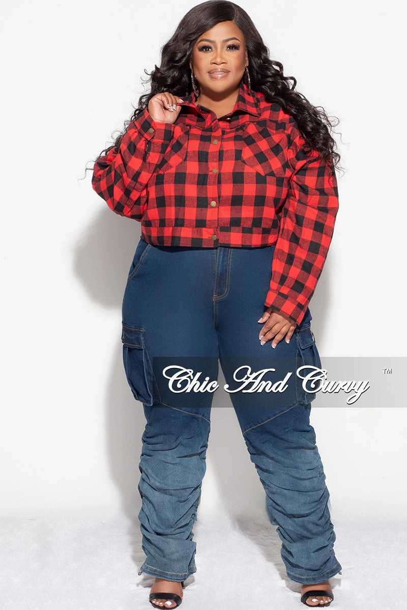 Final Sale Plus Size Collar Button Up Top in Red and Black Plaid Print Seam-Free Minimal Bulk