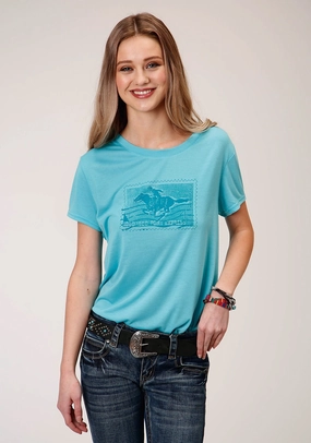 Roper Womens Turquoise Poly/Rayon Horse Rider S/S T-Shirt Smooth Cotton Blend