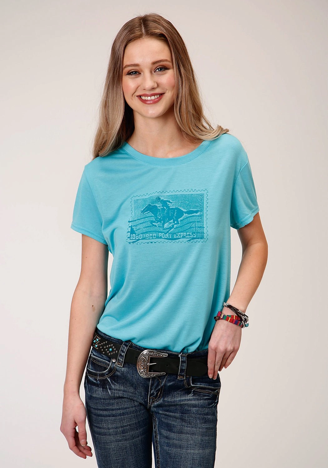 Textured Finish Pocket Detail Roper Womens Turquoise Poly/Rayon Horse Rider S/S T-Shirt