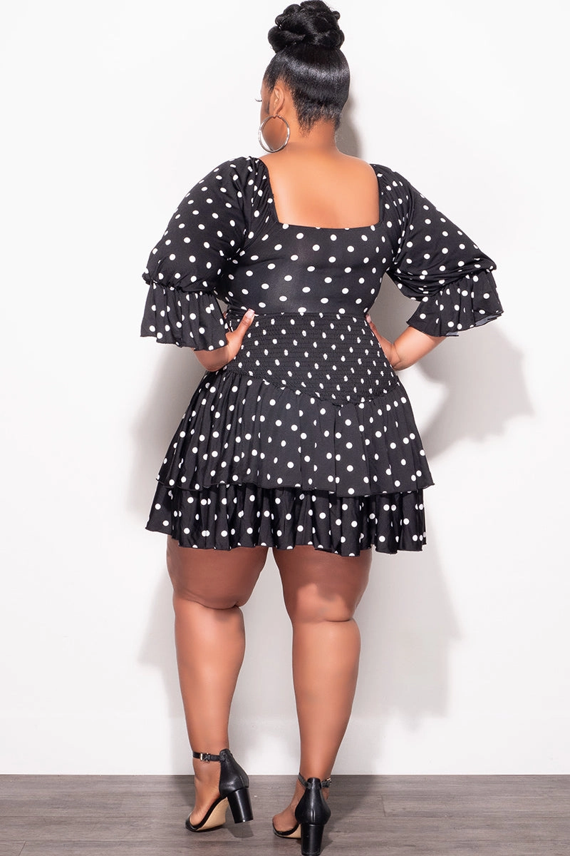 Final Sale Plus Size 2pc Set Off the Shoulder Crop Tie Top and Ruffle Layered Hem Mini Skirt in Black & White Polka Dot Fashionable Fit HeatRegulating
