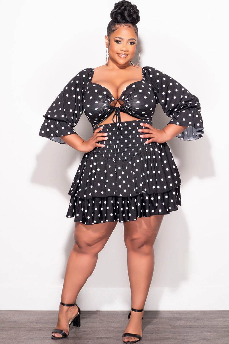 Final Sale Plus Size 2pc Set Off the Shoulder Crop Tie Top and Ruffle Layered Hem Mini Skirt in Black & White Polka Dot Comfy Movement