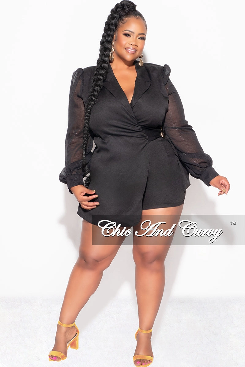 Odor Resistant Slim Profile Final Sale Plus Size Faux Wrap Romper with Chiffon Sleeves in Black