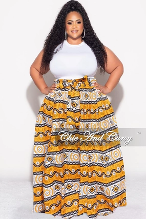 Final Sale Plus Size High Waist Maxi Skirt with Tie in Mustard Design Print Timeless Fit Classy Fit