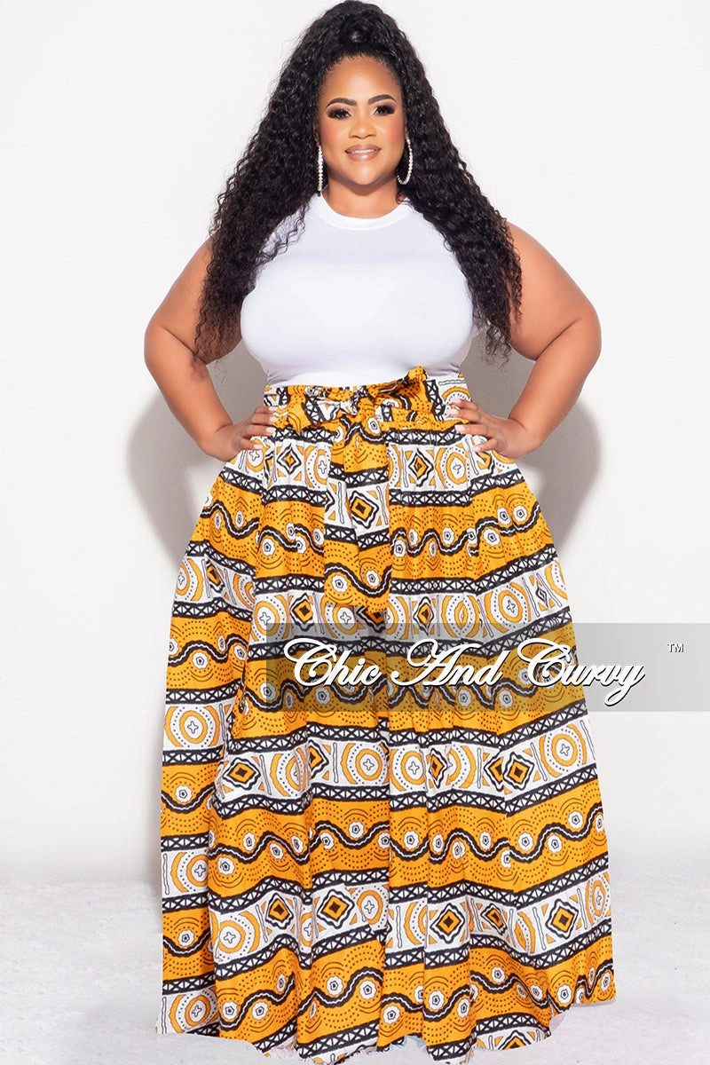 Final Sale Plus Size High Waist Maxi Skirt with Tie in Mustard Design Print Timeless Fit Classy Fit