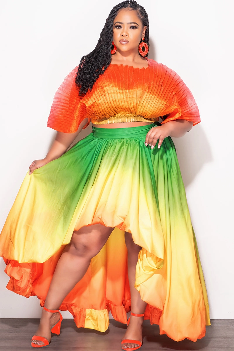 Daily Motion Casual Comfort Fit Final Size 2pc Pleated Off the Shoulder Top and Highlow Skirt Set in In Yellow Green and Orange