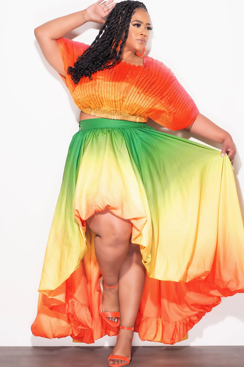 Relaxed Cut Final Size 2pc Pleated Off the Shoulder Top and Highlow Skirt Set in In Yellow Green and Orange