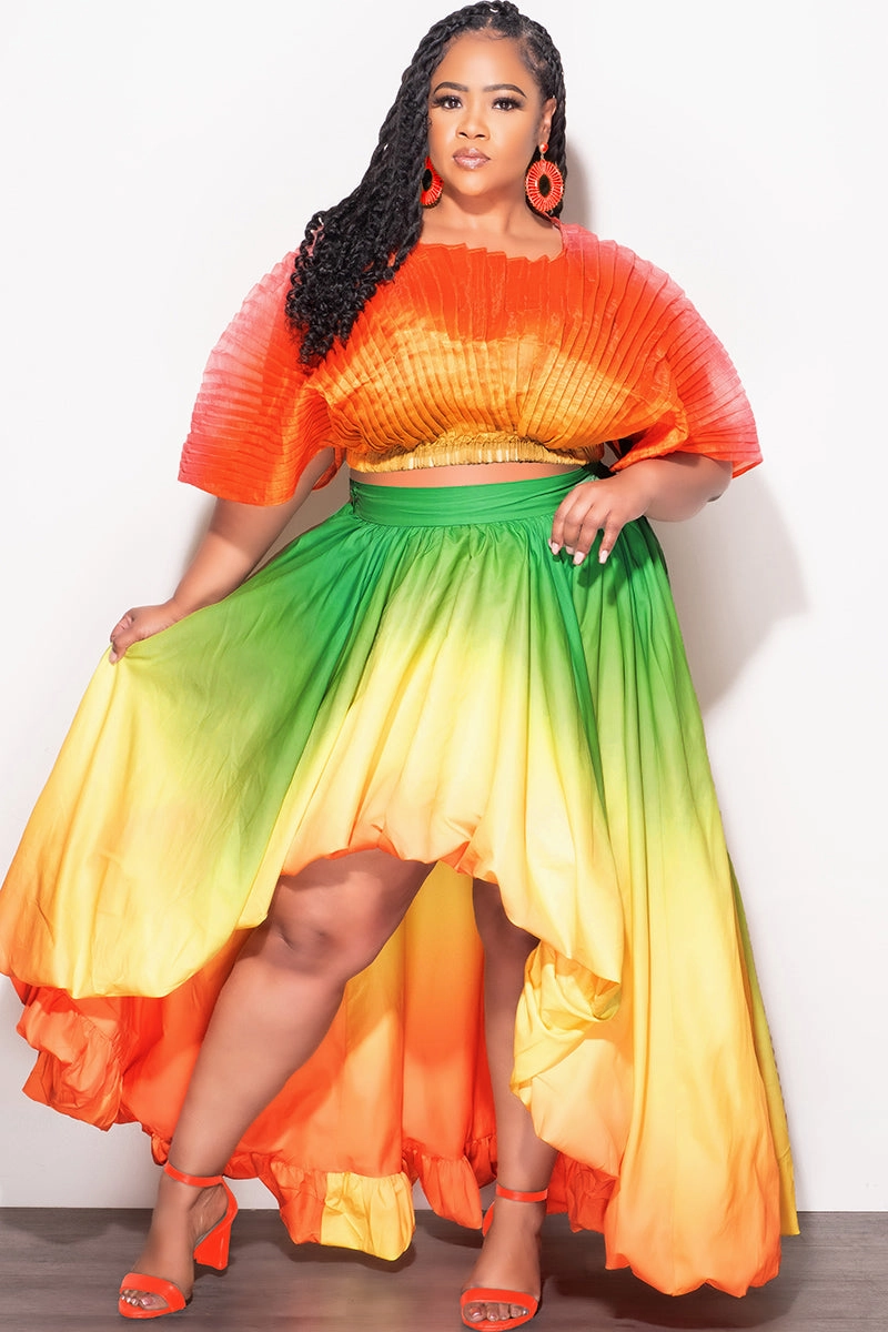 Final Size 2pc Pleated Off the Shoulder Top and Highlow Skirt Set in In Yellow Green and Orange SeamlessConstruction