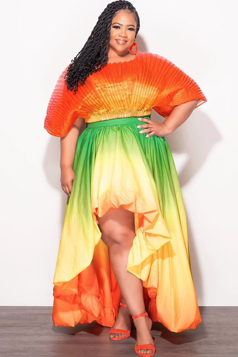 No Gap Waist Construction Final Size 2pc Pleated Off the Shoulder Top and Highlow Skirt Set in In Yellow Green and Orange