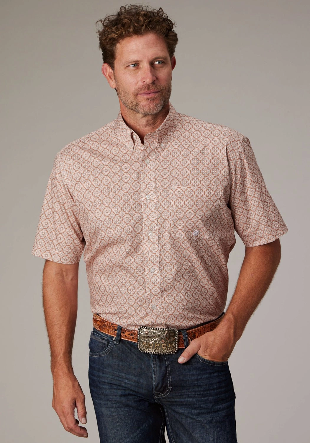 Runway Inspired Minimalist Look Roper Mens 2020 Medallion Clay 100% Cotton 1 Pkt S/S Shirt