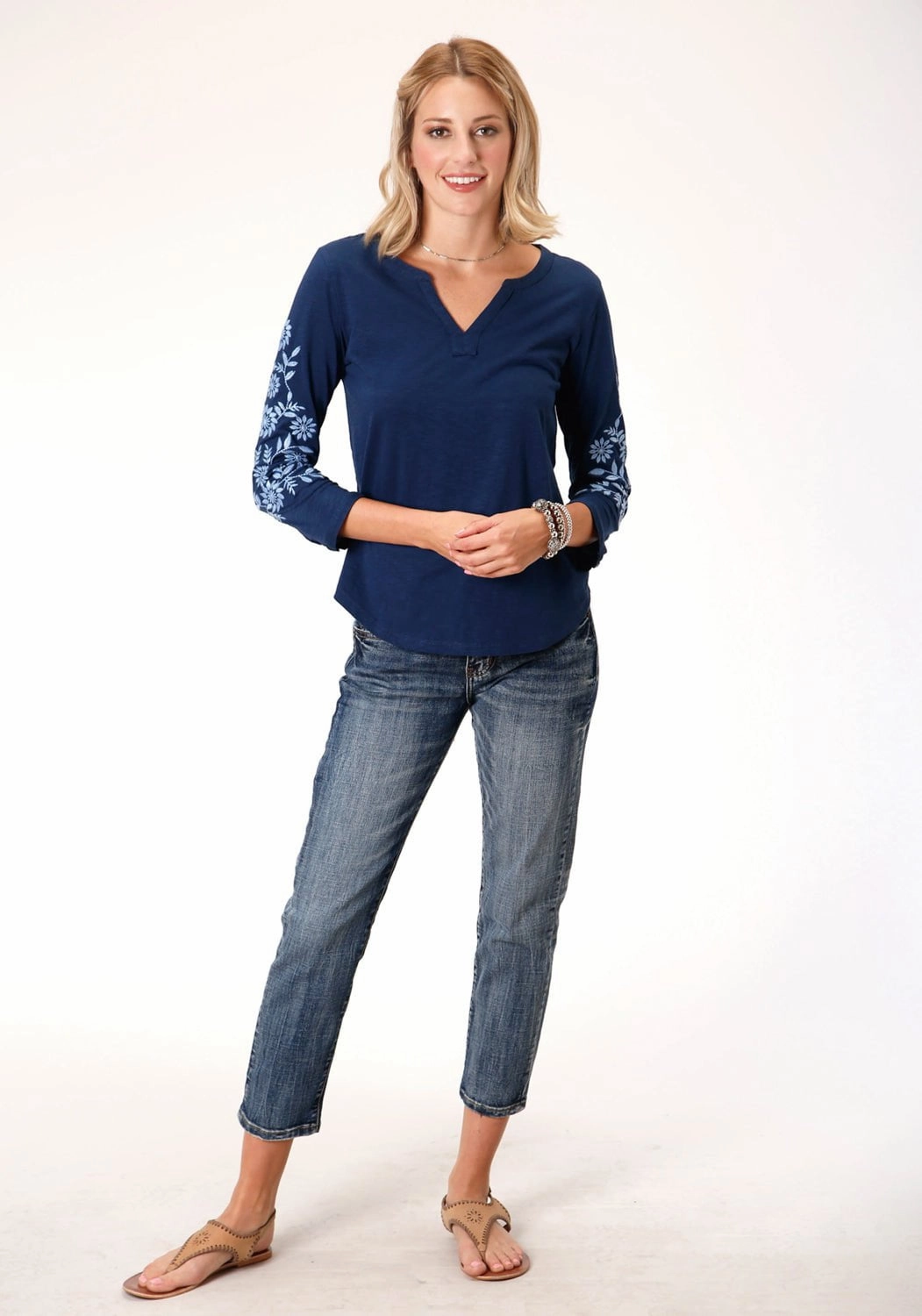 Stretchable Fabric Roper Womens Blue 100% Cotton Floral Crewel S/S Tunic