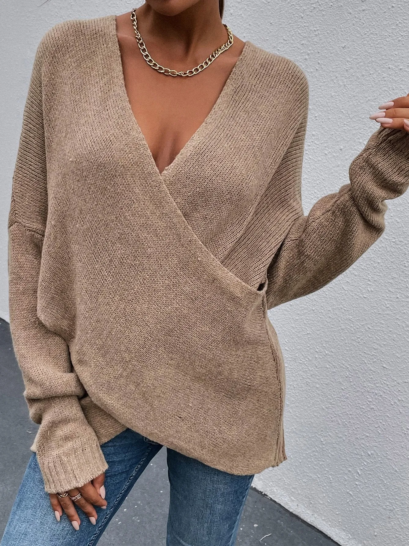 Chicmy-European and American casual women's clothing Women's Sweaters Cross V-Neck Long Sleeve Knitted Sweater