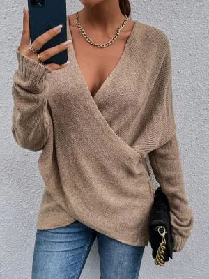 Chicmy-European and American casual women's clothing Women's Sweaters Cross V-Neck Long Sleeve Knitted Sweater