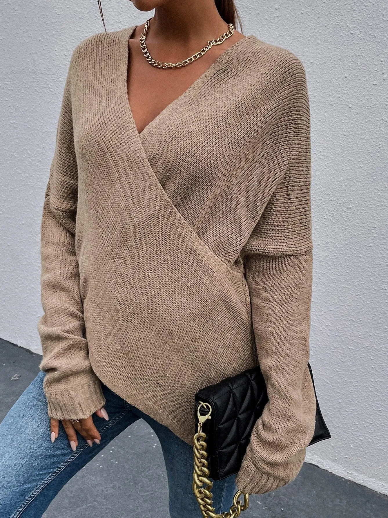 Chicmy-European and American casual women's clothing Women's Sweaters Cross V-Neck Long Sleeve Knitted Sweater
