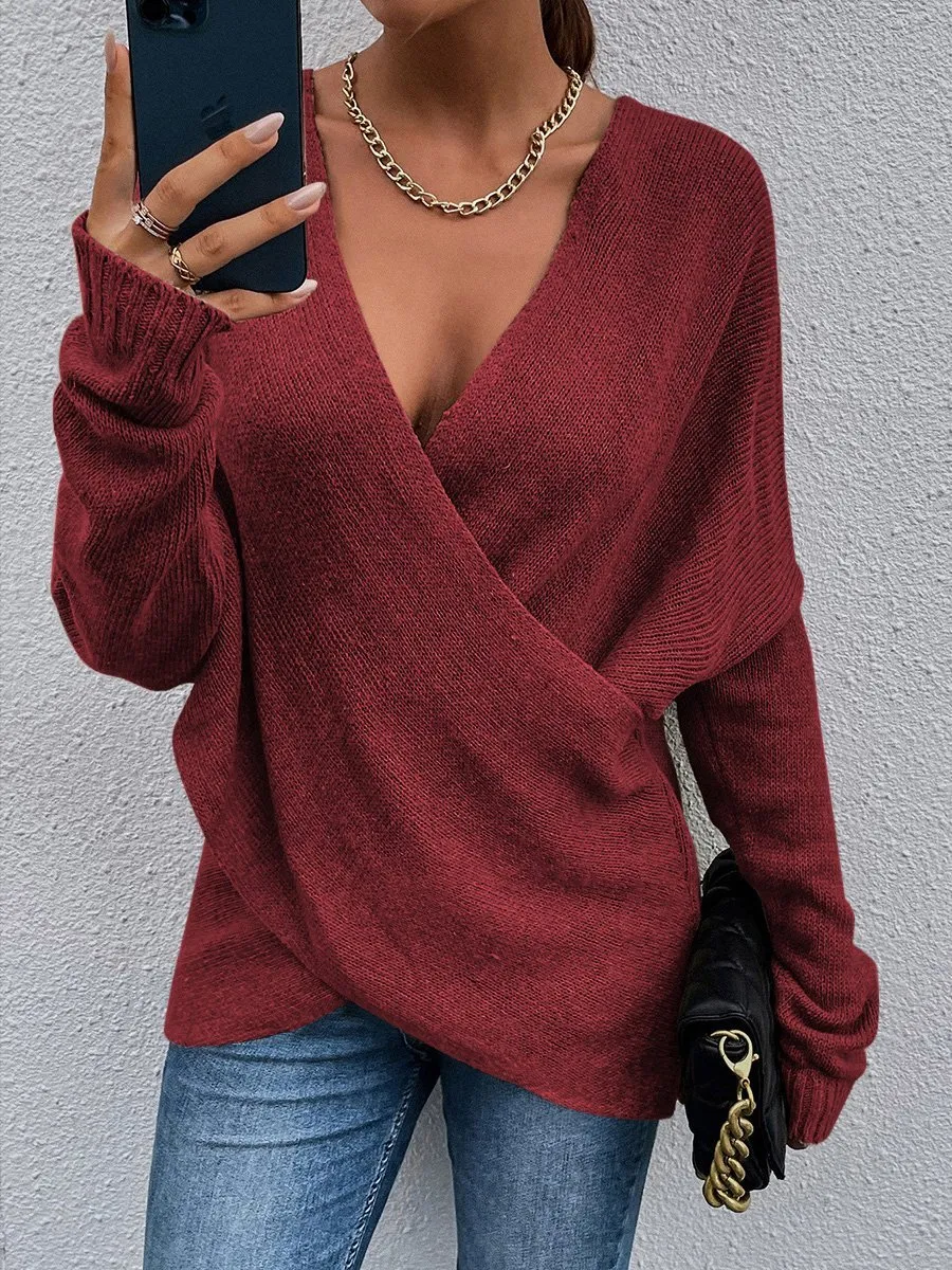 Chicmy-European and American casual women's clothing Women's Sweaters Cross V-Neck Long Sleeve Knitted Sweater