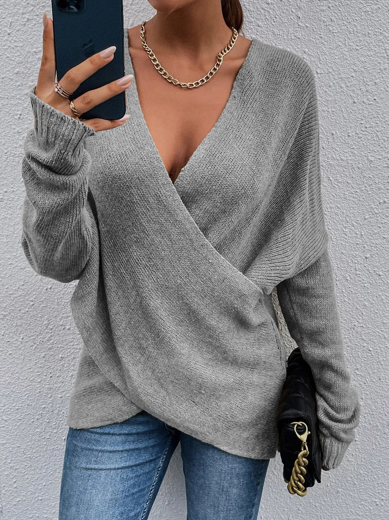 Chicmy-European and American casual women's clothing Women's Sweaters Cross V-Neck Long Sleeve Knitted Sweater