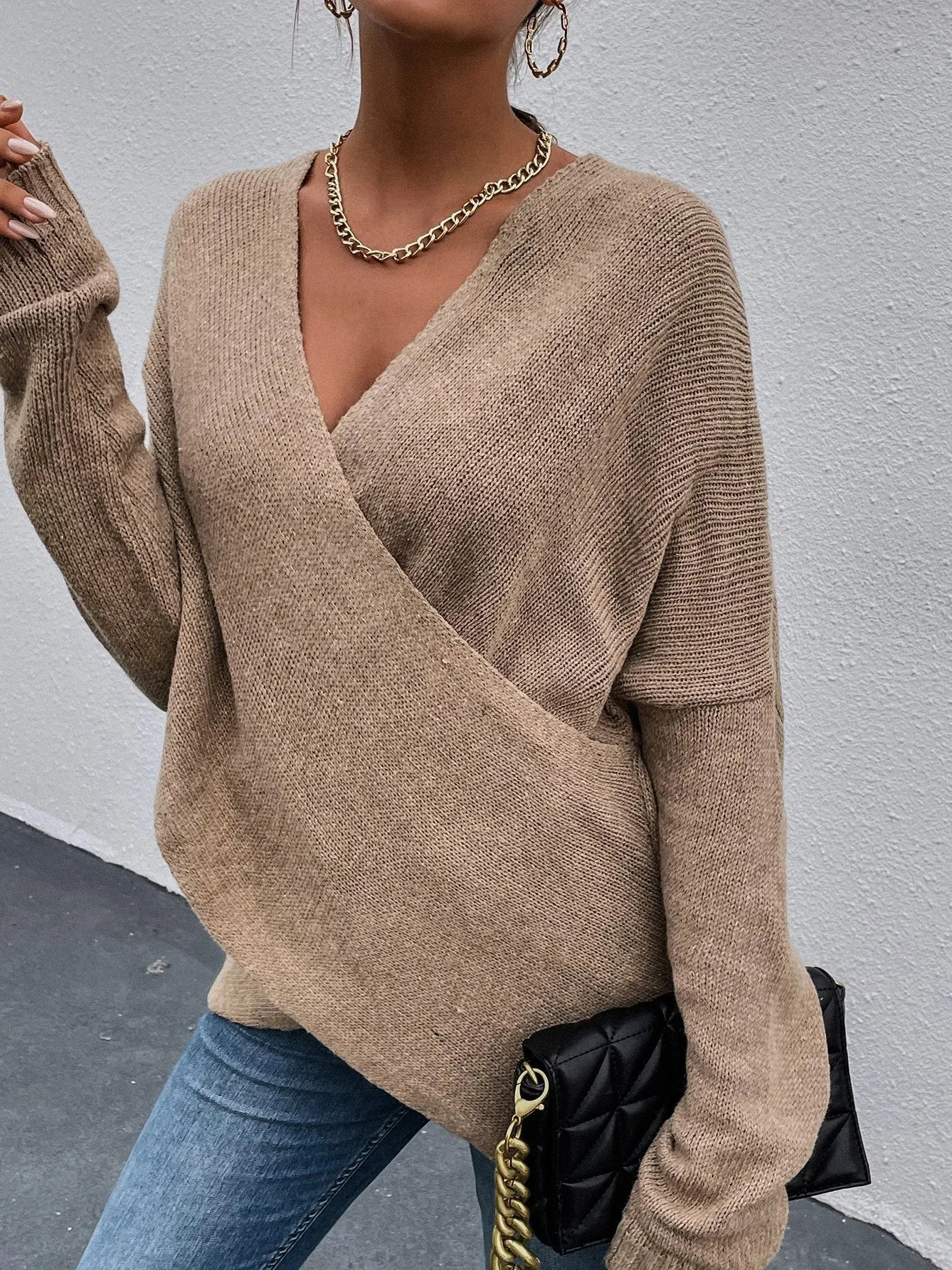 Chicmy-European and American casual women's clothing Women's Sweaters Cross V-Neck Long Sleeve Knitted Sweater