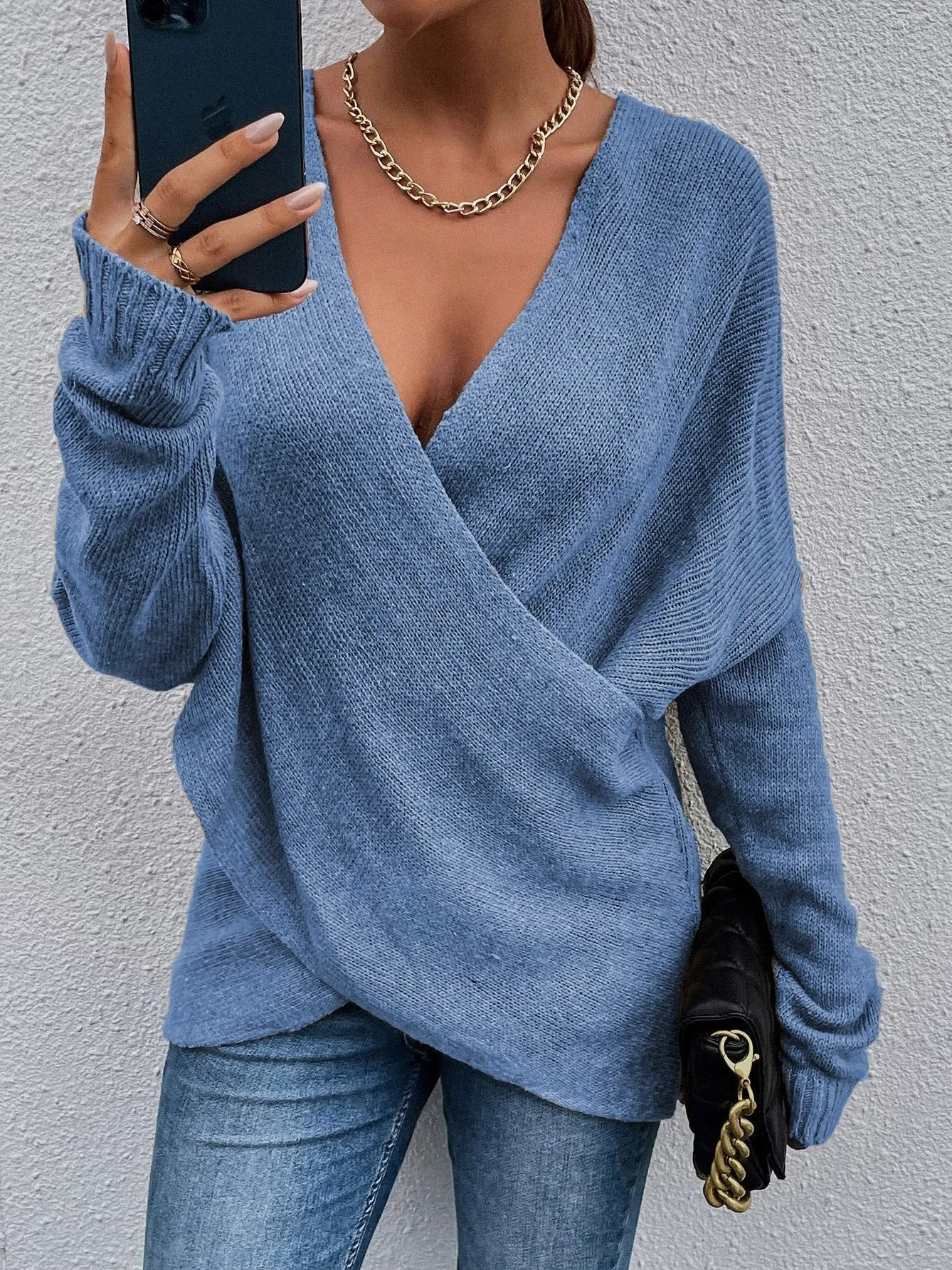 Chicmy-European and American casual women's clothing Women's Sweaters Cross V-Neck Long Sleeve Knitted Sweater
